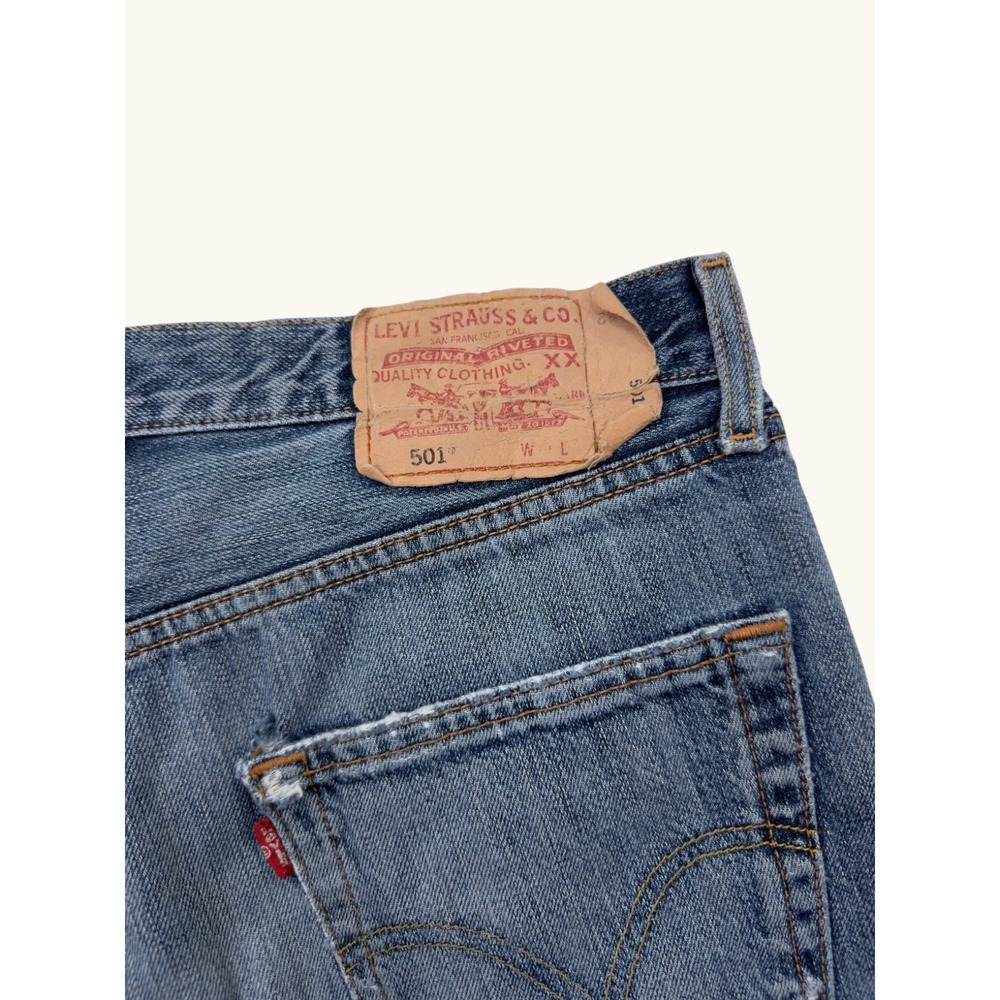 Levis 501 Cut Off Denim Shorts Blue Mid Wash Distressed Reconstructed W32